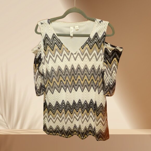 Tacera Cold Shoulder Chevron Dress | Metallic Zig Zag | Size L - Picture 2 of 4